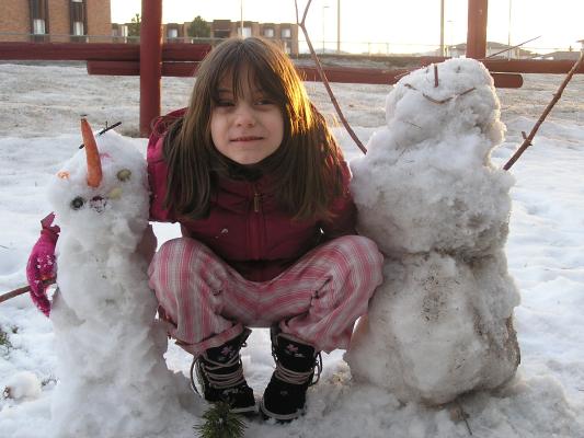 Andrea with Sarah and Noah snowman.