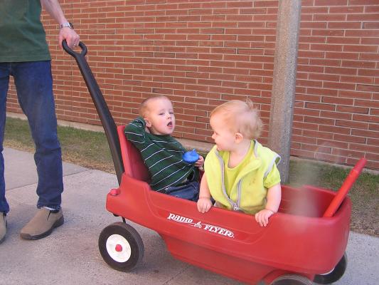 Noah and Sarah in the wagon. Noah still has a cough.