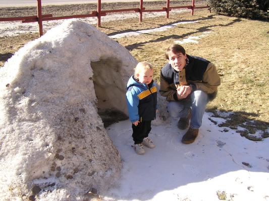 Noah and David by the snow fort.