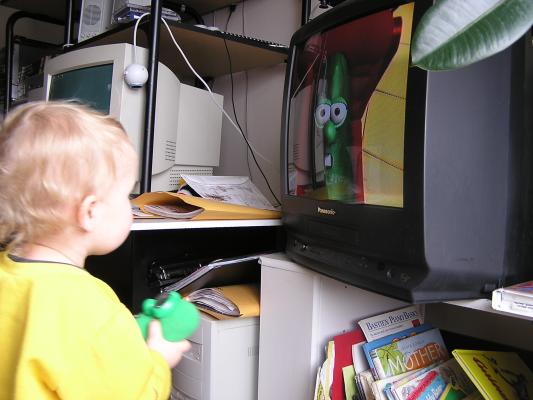 Noah is pretty excited about Larry the Cucumber.
