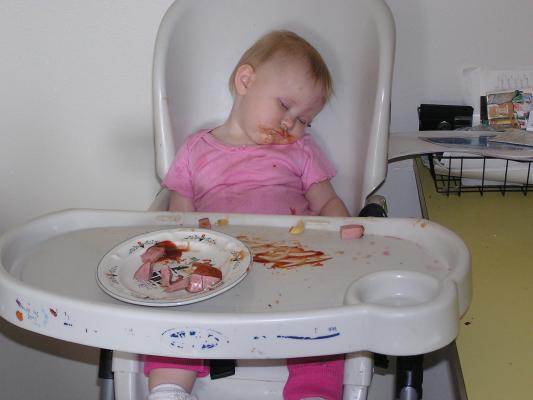 Sarah fell asleep eating again.