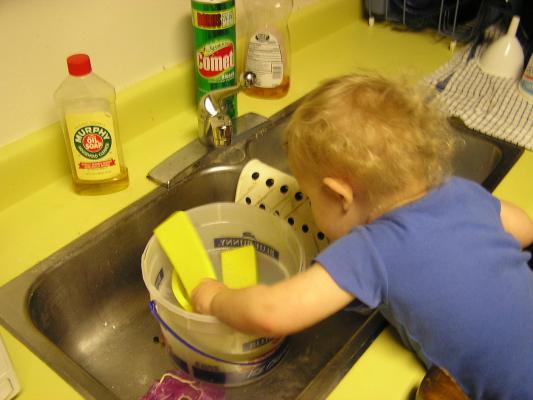 Noah's helping clean the house.