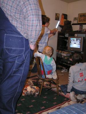 Joe demonstrates his Jedi powers by playing the Star Wars game.