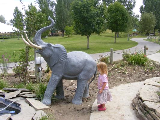 Sarah by the elephant sculpture.