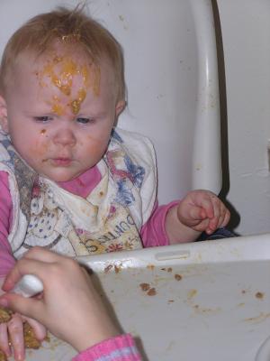 Sarah got hamburger helper on her head.