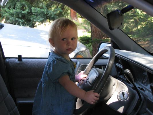 Sarah driving the car