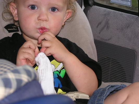 Noah really likes his sock.