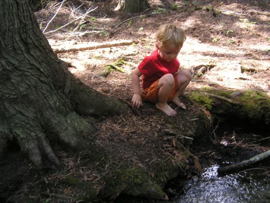 Noah plays by a little creek.