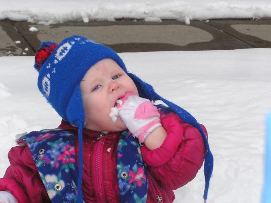 Sarah mostly eats the snow.