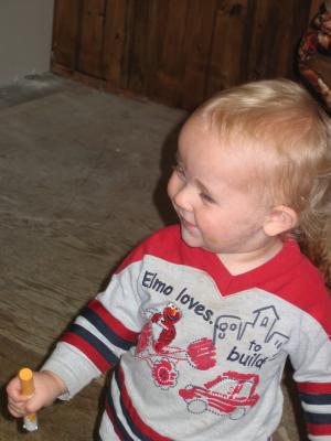 Noah with his marker at great grandpa's house.
