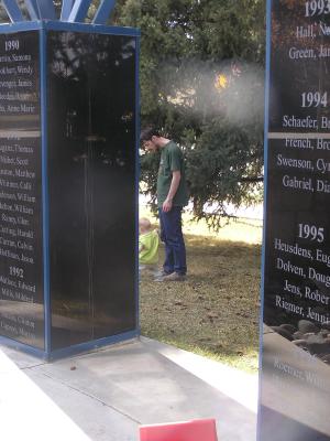 David and Sarah take a walk.
 This is a memorial to students killed by alcohol at MSU