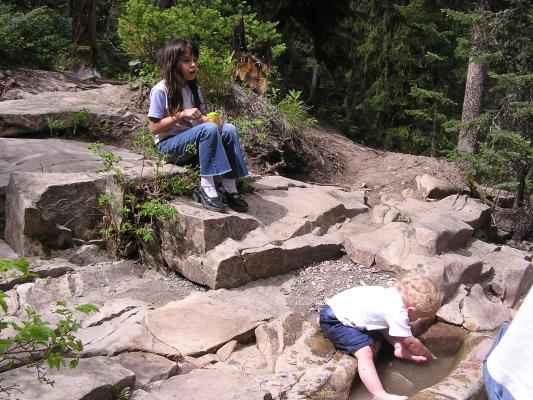 Everyone plays at the top of the falls.