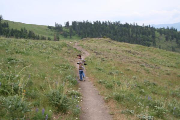 Michael walks down the trail looking at things.