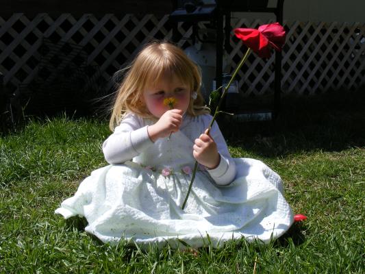 Sarah holds some flowers in her pretty green dress.