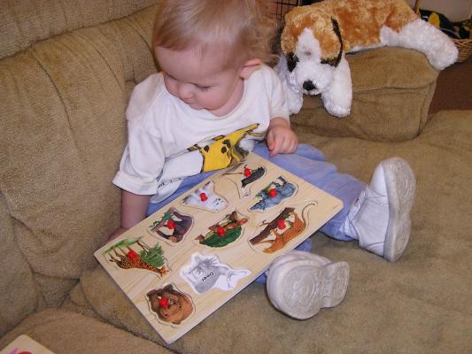 Noah plays with his animal puzzle.
