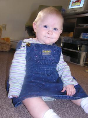 Sarah in her jean overalls dress.