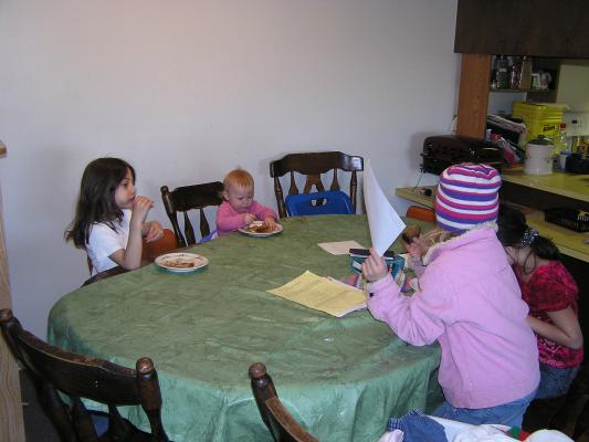 Eating breakfast before school.