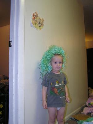 Noah with green hair.