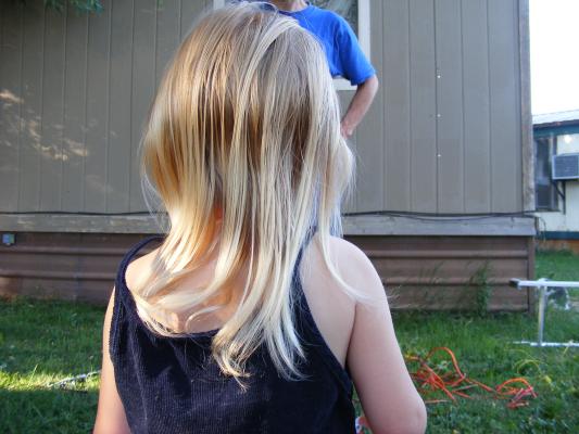 Sarah's long hair.