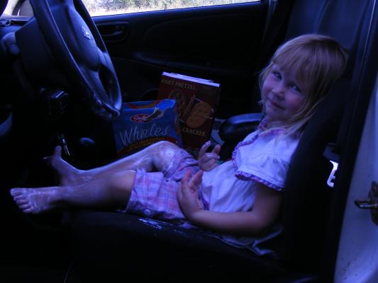 Sarah covered herself and the car with sunscreen.