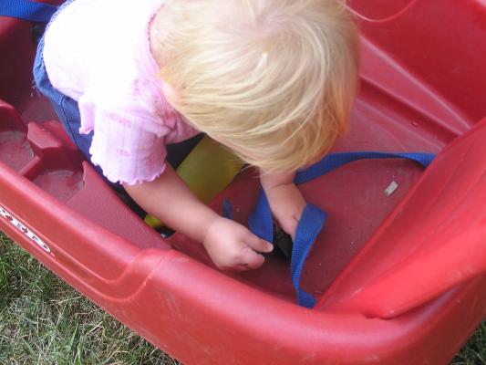 Sarah plays with the buckles in the wagon.