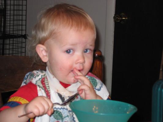 Noah eats some cerial.