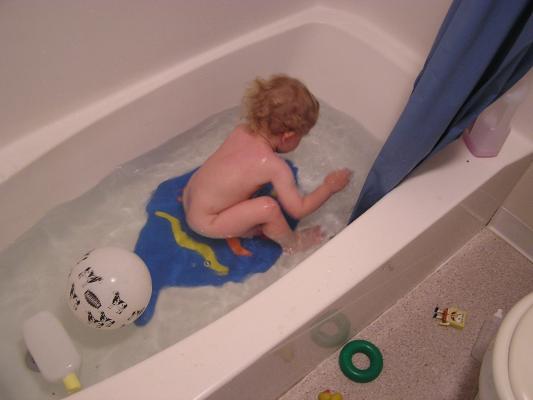 Noah takes a bath.
