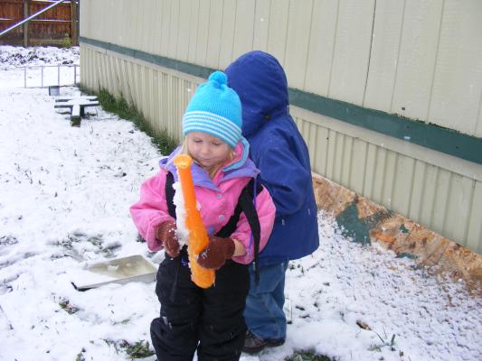 Sarah plays with a carrot bat in the snow.