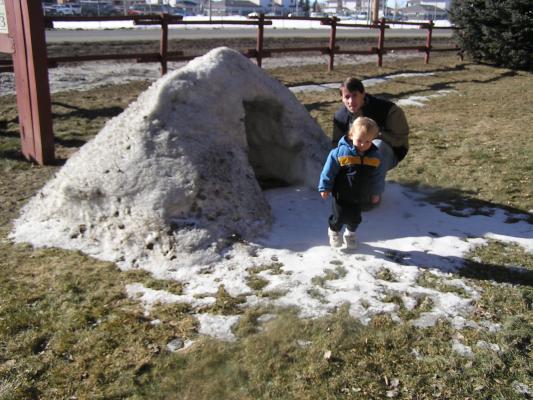 Noah and David by the snow fort.