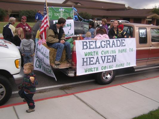The Gallatin Valley Christian Church float 
Belgrade, worth commng home to.
Heaven, worth going home to.