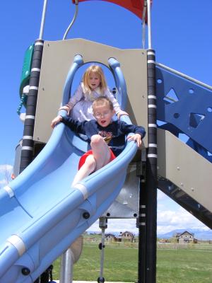 Sarah and Noah on the slide.