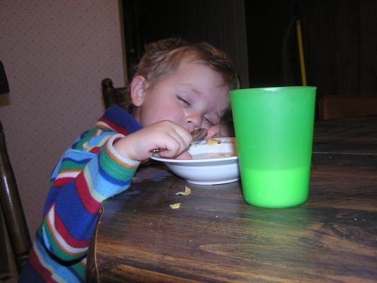 Noah fell asleep eating breakfast for supper.