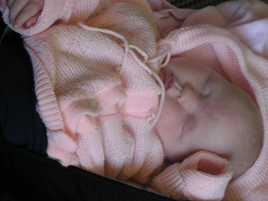 Sarah sleeps in her car seat and pink sweater.