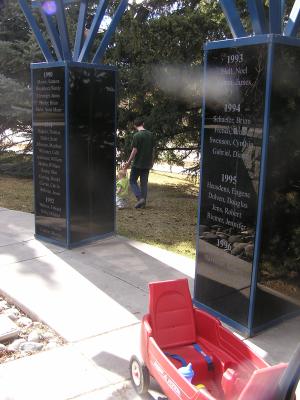 David and Sarah take a walk.
 This is a memorial to students killed by alcohol at MSU