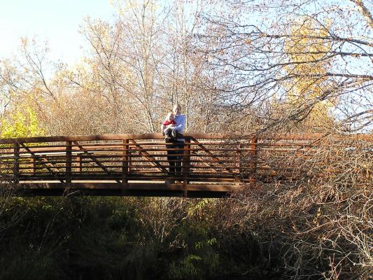 Noah and Katie on a bridge by the woods.