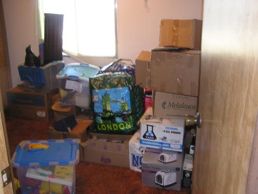 David's office in our new mobile home is full of boxes