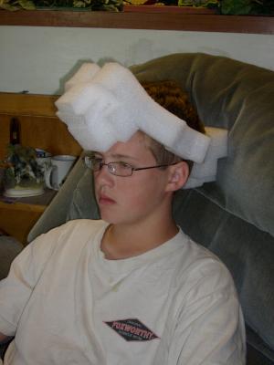Joe wears foam on his head