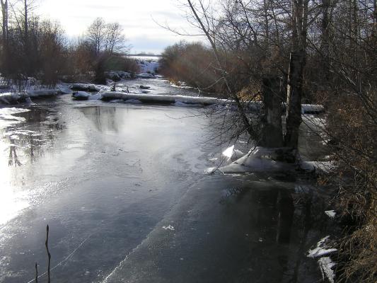 There's sheets of ice on the trees and the banks.