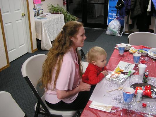 Katie and Noah enjoy the decorations at the Valentines Party.