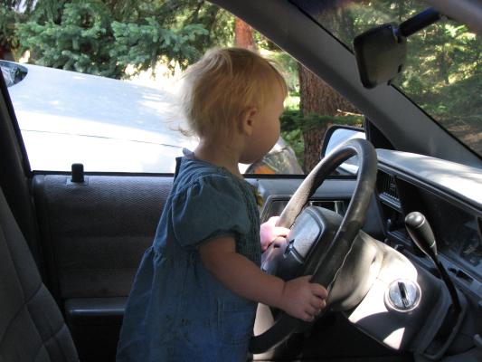 Sarah driving the car