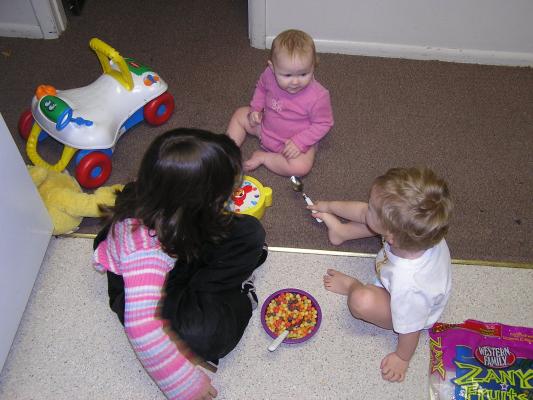 Andrea shares her sweet cerial with Sarah and Noah.