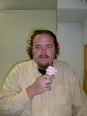 Benji with a pink icecream cone