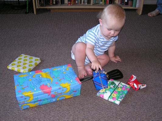 Noah exploring his birthday presents.