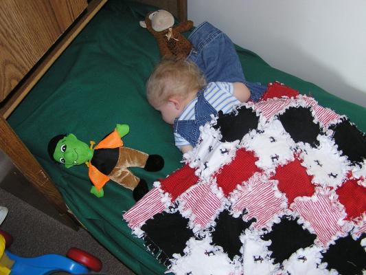 Taking a nap on a new toddler bed.