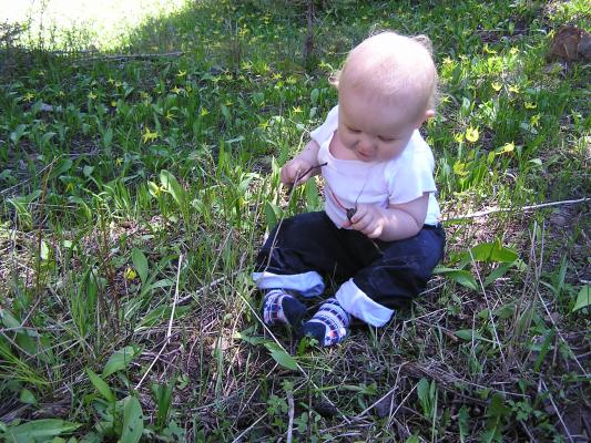 Noah plays with a rock and a stick