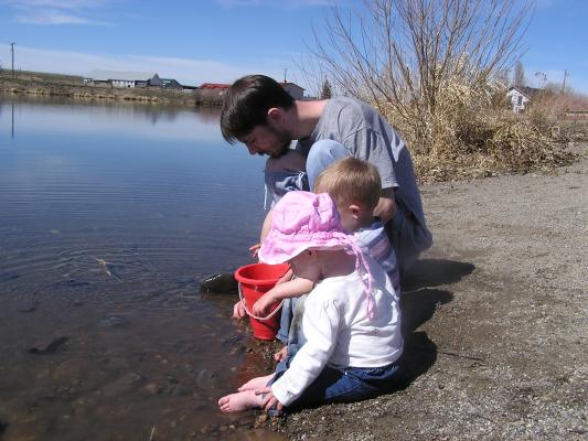 David, Noah and Sarah put rocks in a bucket.