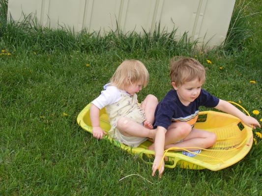Sarah and Noah in the sled.