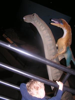 Noah looks down on some fake dinosaurs.