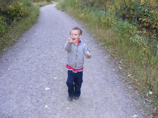 Noah plays with weeds.