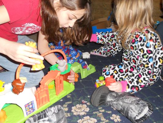 Sarah and Andrea playing with Joshua's zoo. 